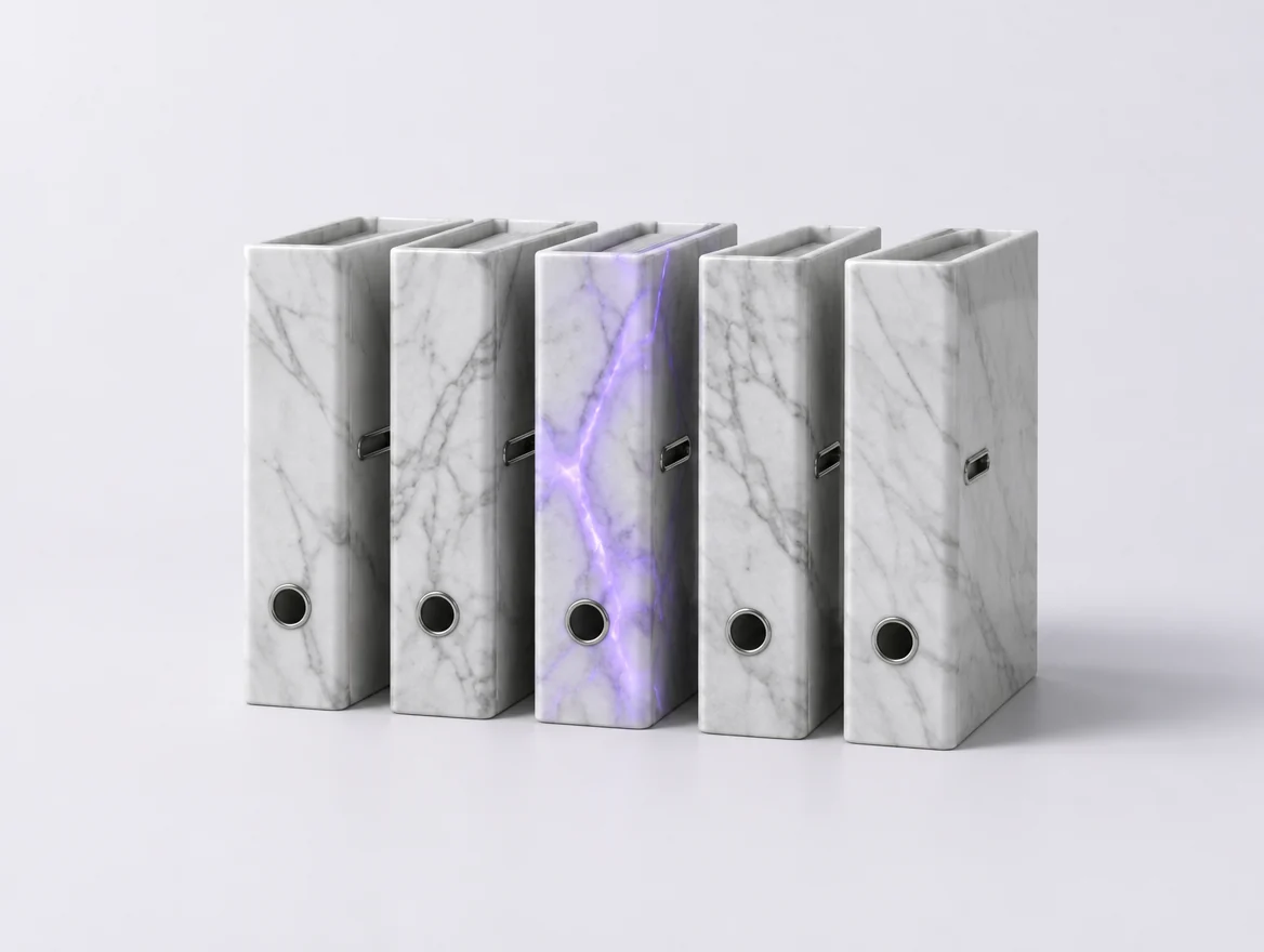 Eine Reihe Aktenordner aus Marmor. Im mittleren leuchten die Adern violett.