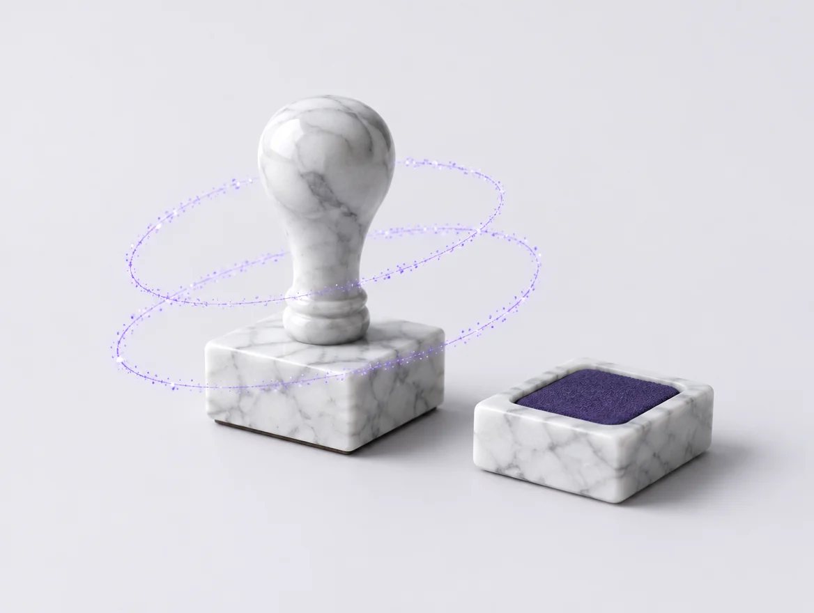 Ein Bürostempel aus Marmor, um den violette Lichtfäden kreisen.