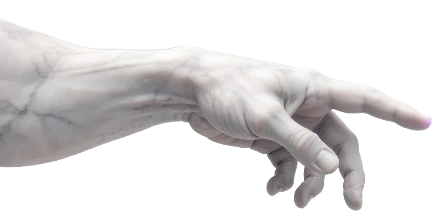 Eine Hand aus weißem Marmor streckt den Zeigefinger nach rechts.