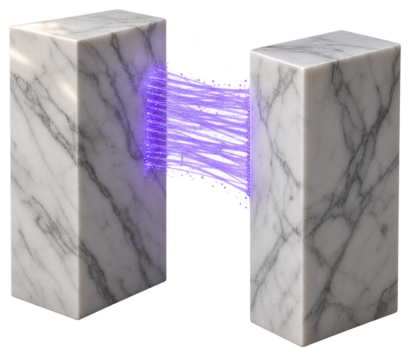 Zwei Marmorblöcke, über den Spalt verbunden durch violette Lichtfäden.