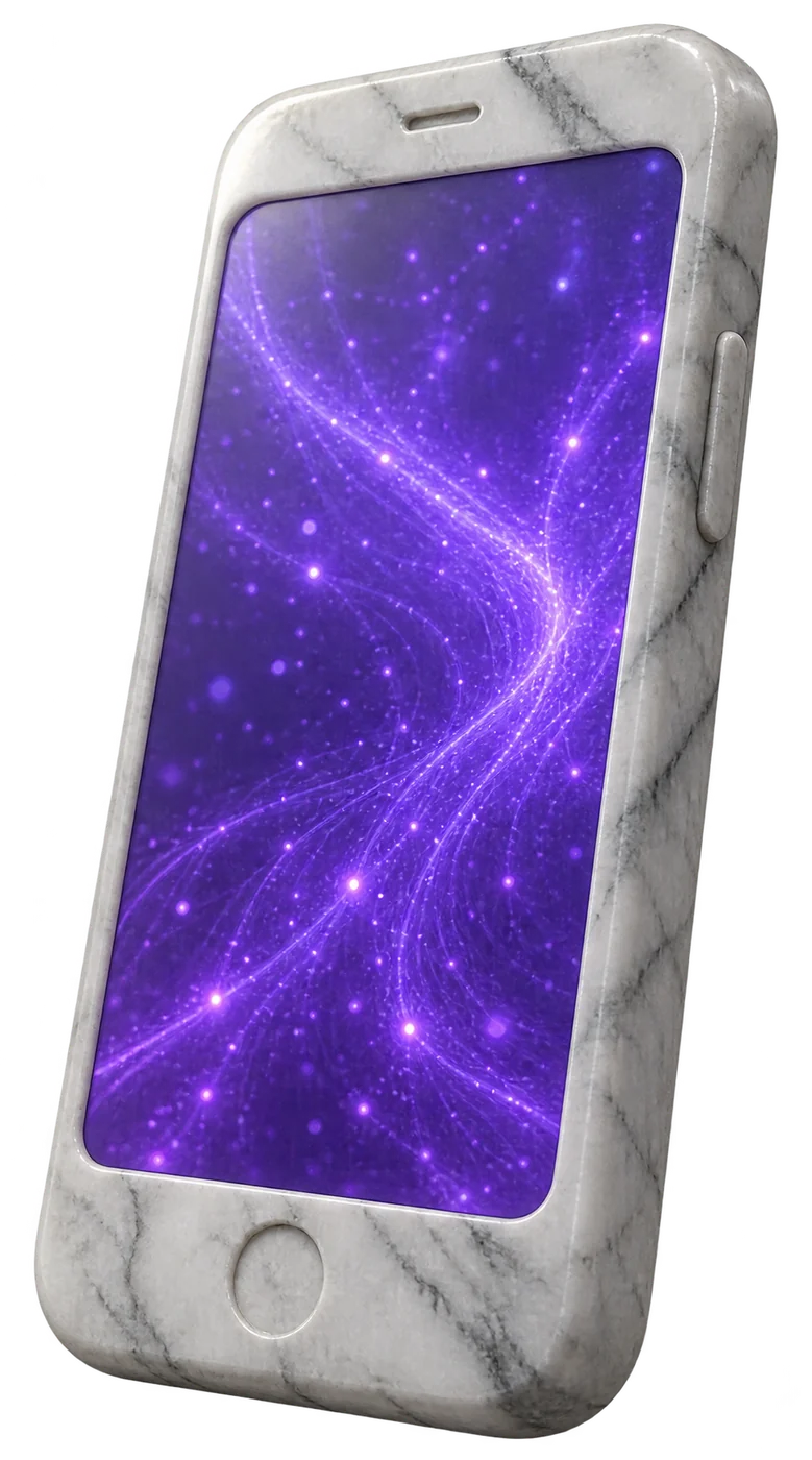Ein Smartphone aus Marmor, der Bildschirm ein Feld aus violettem Licht.