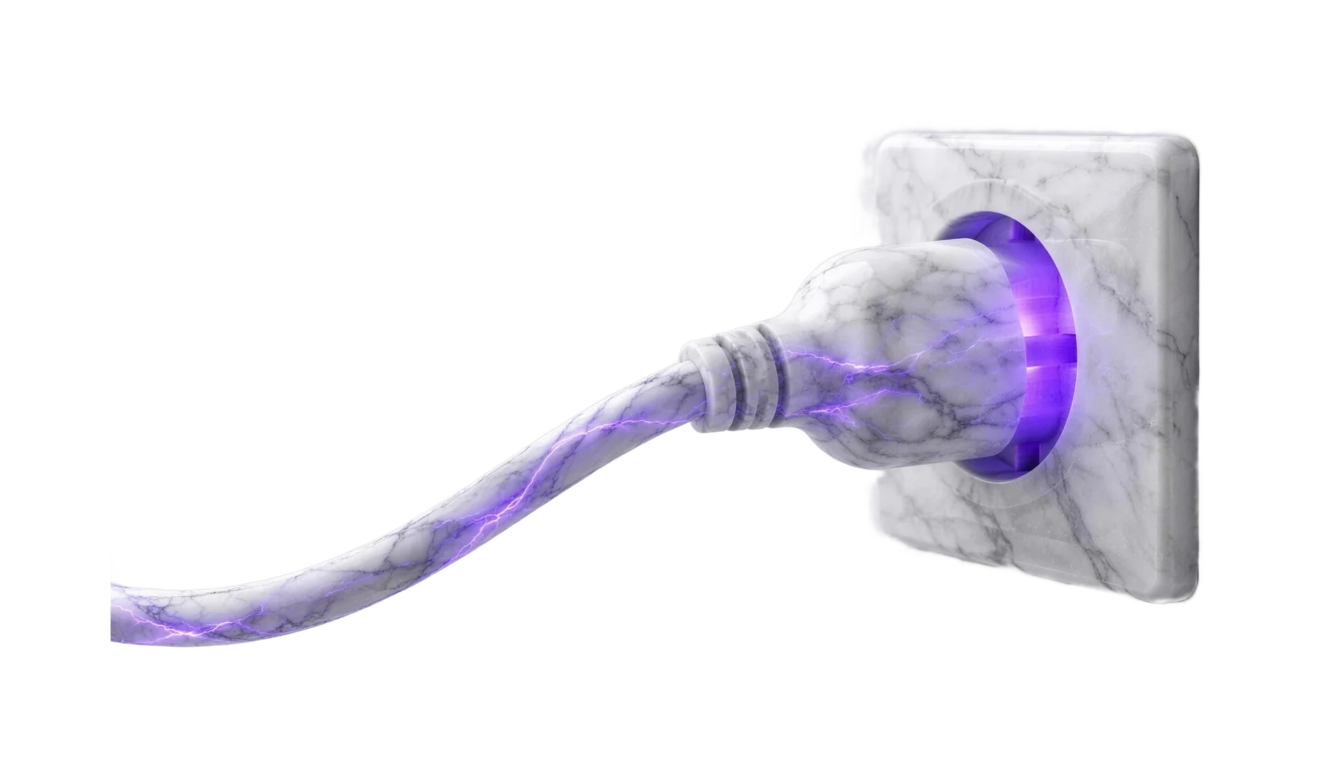 Ein Stecker aus Marmor steckt in einer Marmor-Steckdose, violettes Licht fließt durch seine Adern.